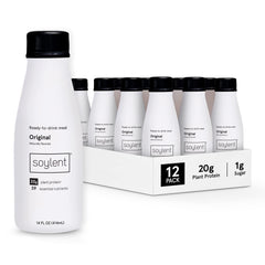 Soylent Original bottle pour shows convenient on-the-go nutrition with 20g vegan protein