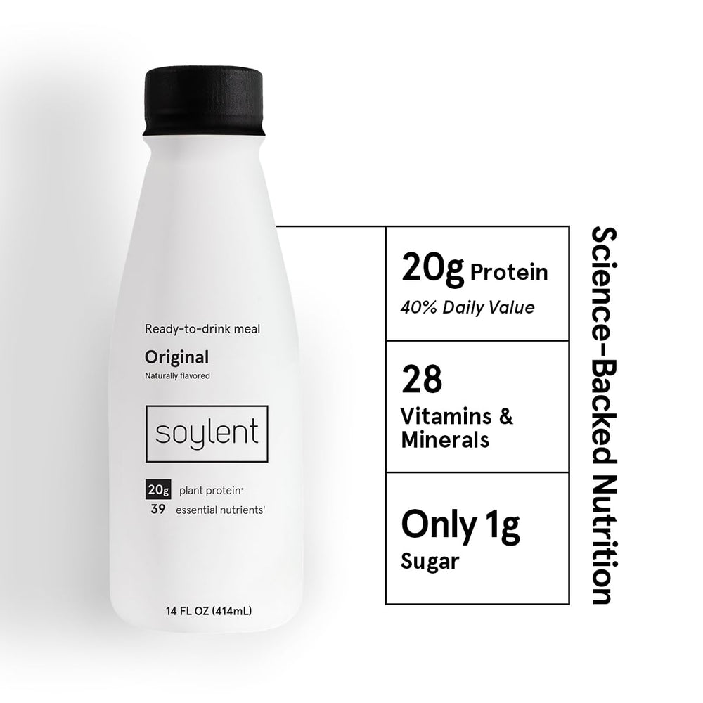Soylent Original closeup protein highlights 20g vegan protein and smooth plain flavor