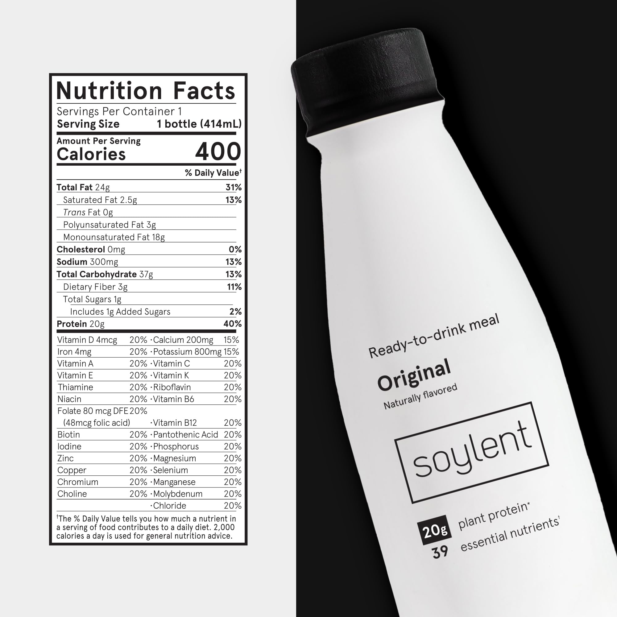 Soylent Original glass serve showcases creamy texture and convenient ready-to-drink meal replacement