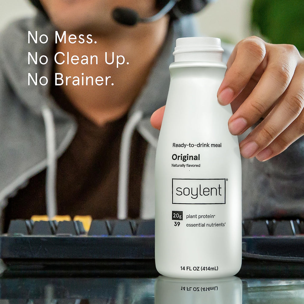 Soylent Original nutrition-facts display highlights 28 vitamins and minerals for balanced daily nutrition