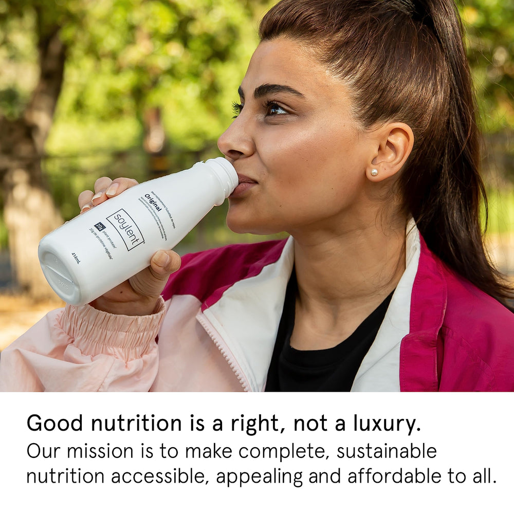 Soylent Original packaging 12-pack emphasizes shelf-stable nutrition you can grab anytime