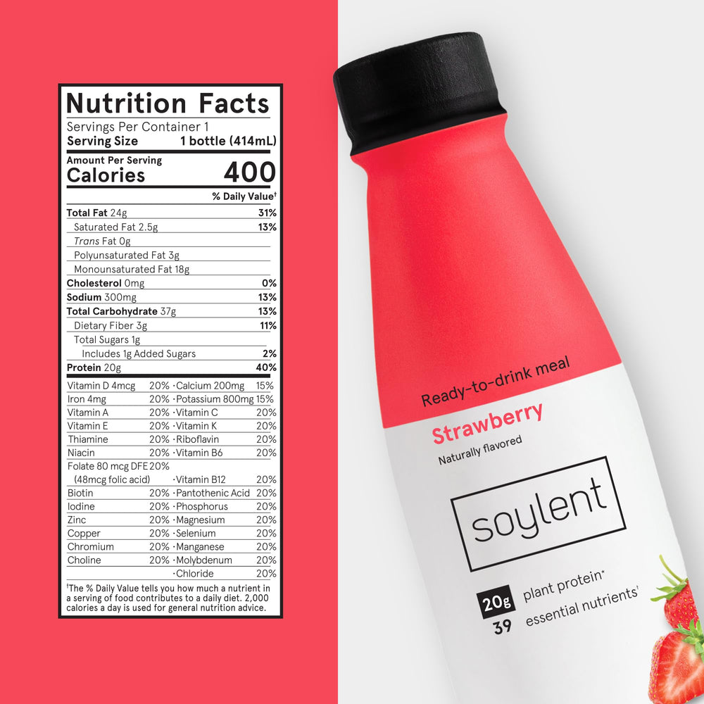 Soylent Strawberry shake bottle close-up label highlights vegan protein and low sugar.