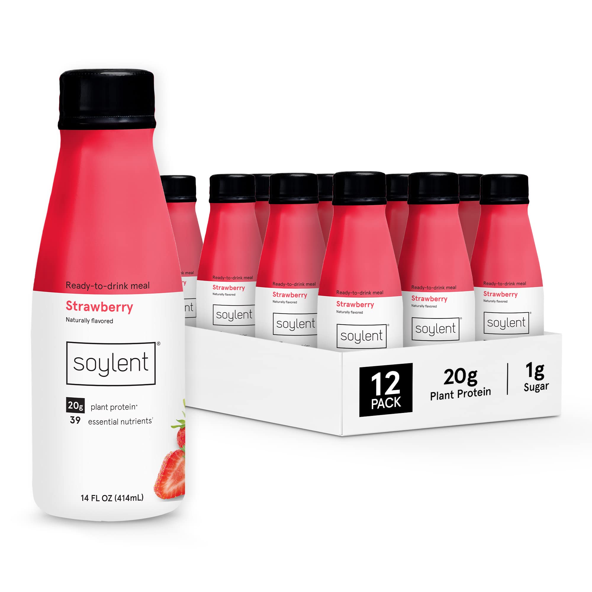 Soylent Strawberry bottle pouring demonstrates ready-to-drink convenience for busy days.