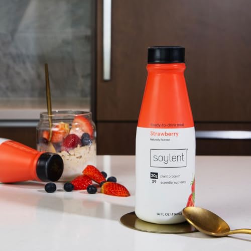 Soylent drink highlighting 20g vegan protein in strawberry flavor.
