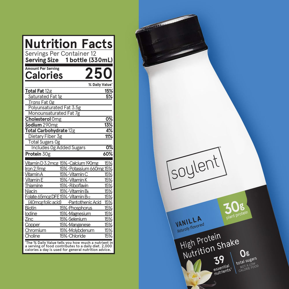 Soylent Vanilla 11oz bottle on table, ready-to-drink post-workout or meal replacement option.