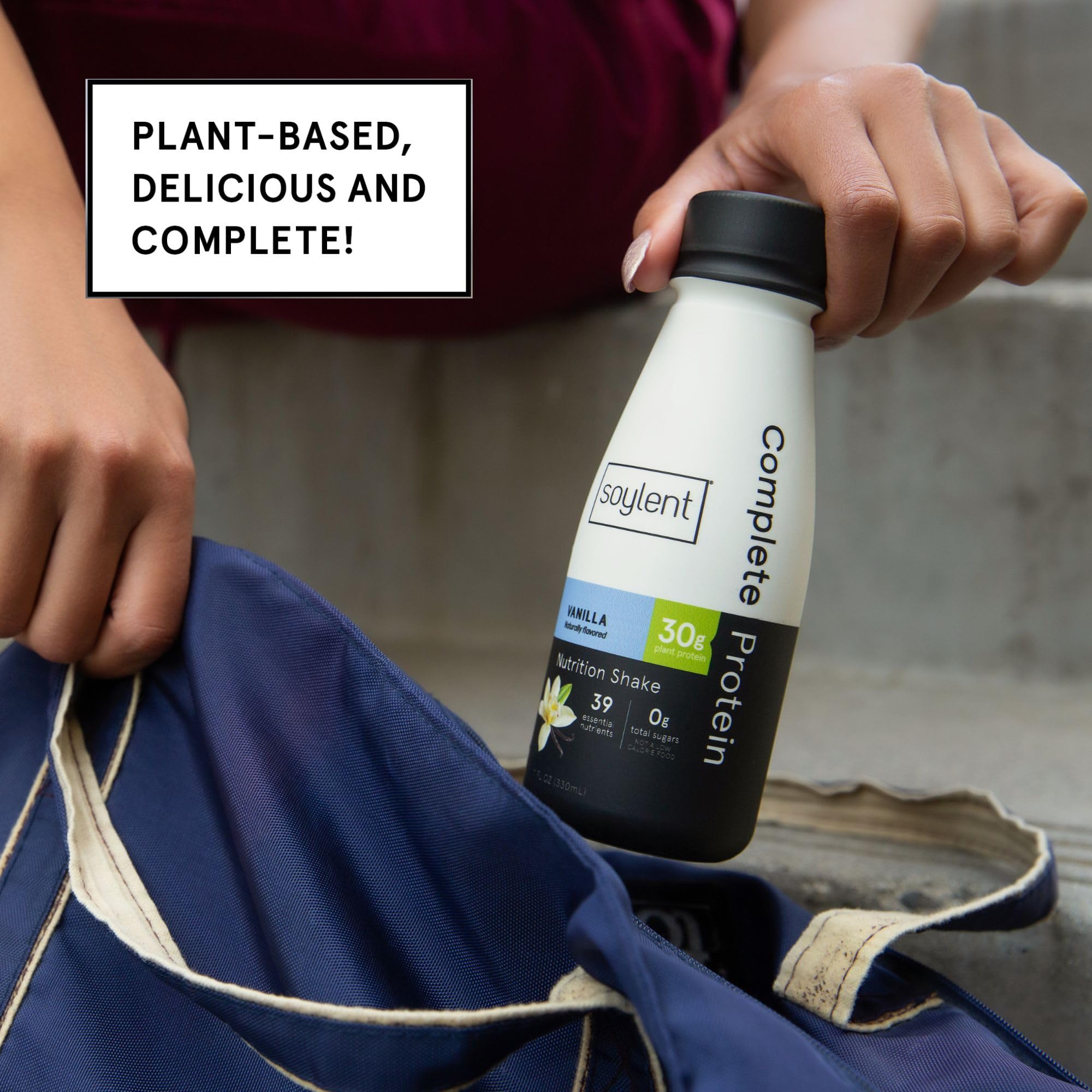 Soylent Vanilla bottle with spoon shot, balanced nutrition for active mornings.