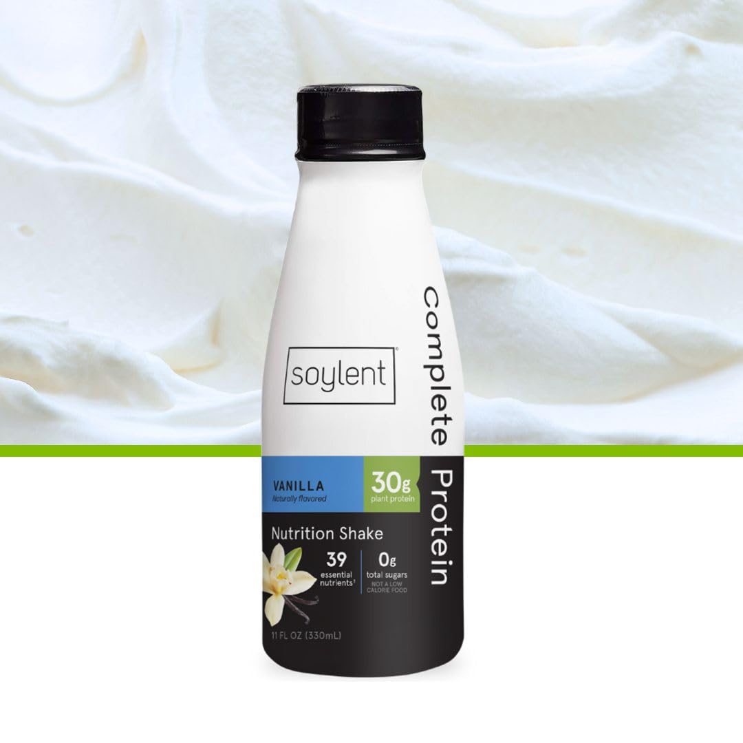 Soylent Vanilla ready-to-drink 12-pack on shelf as convenient protein solution.