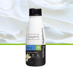 Soylent Vanilla ready-to-drink 12-pack on shelf as convenient protein solution.