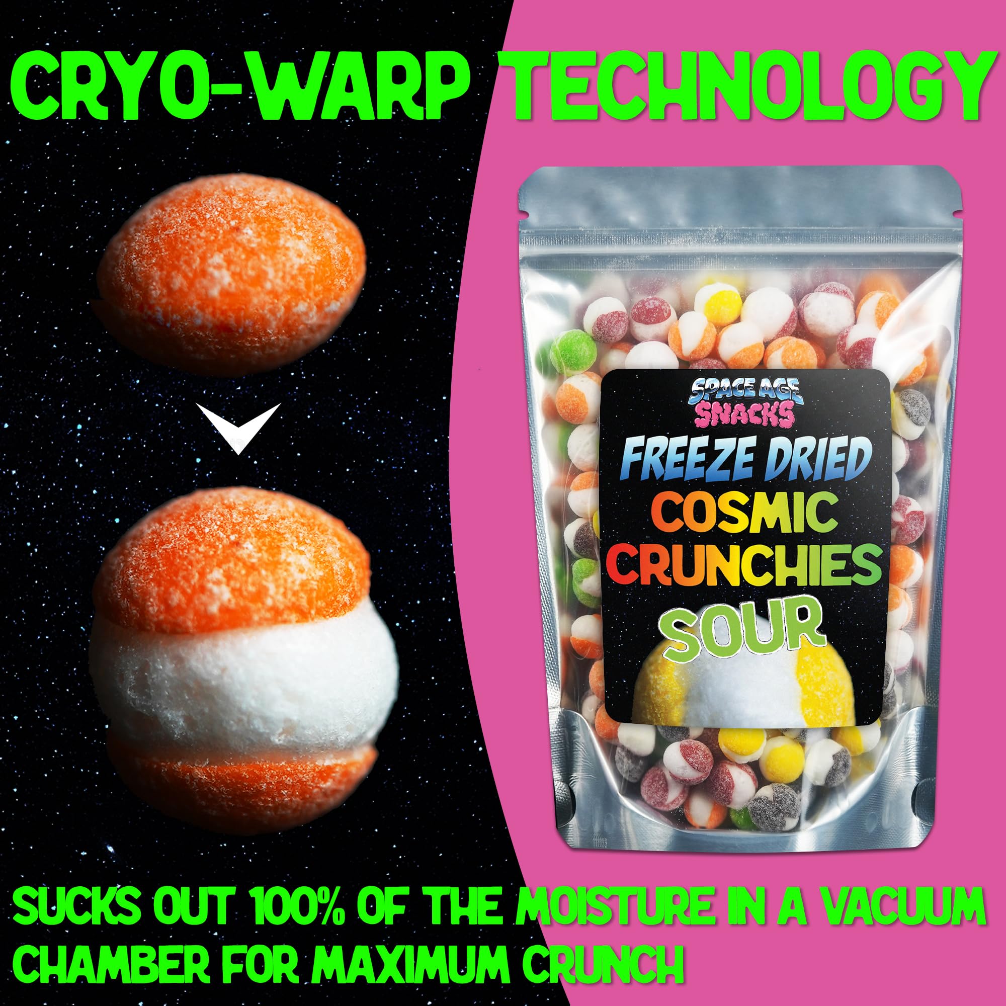 4-ounce pouch of Space Age Snacks freeze-dried candy for snacking.
