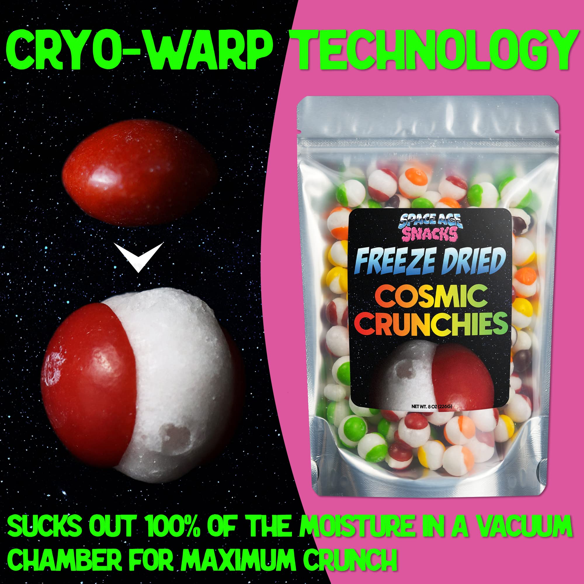 Cosmic Crunchies label view highlighting branding and packaging details