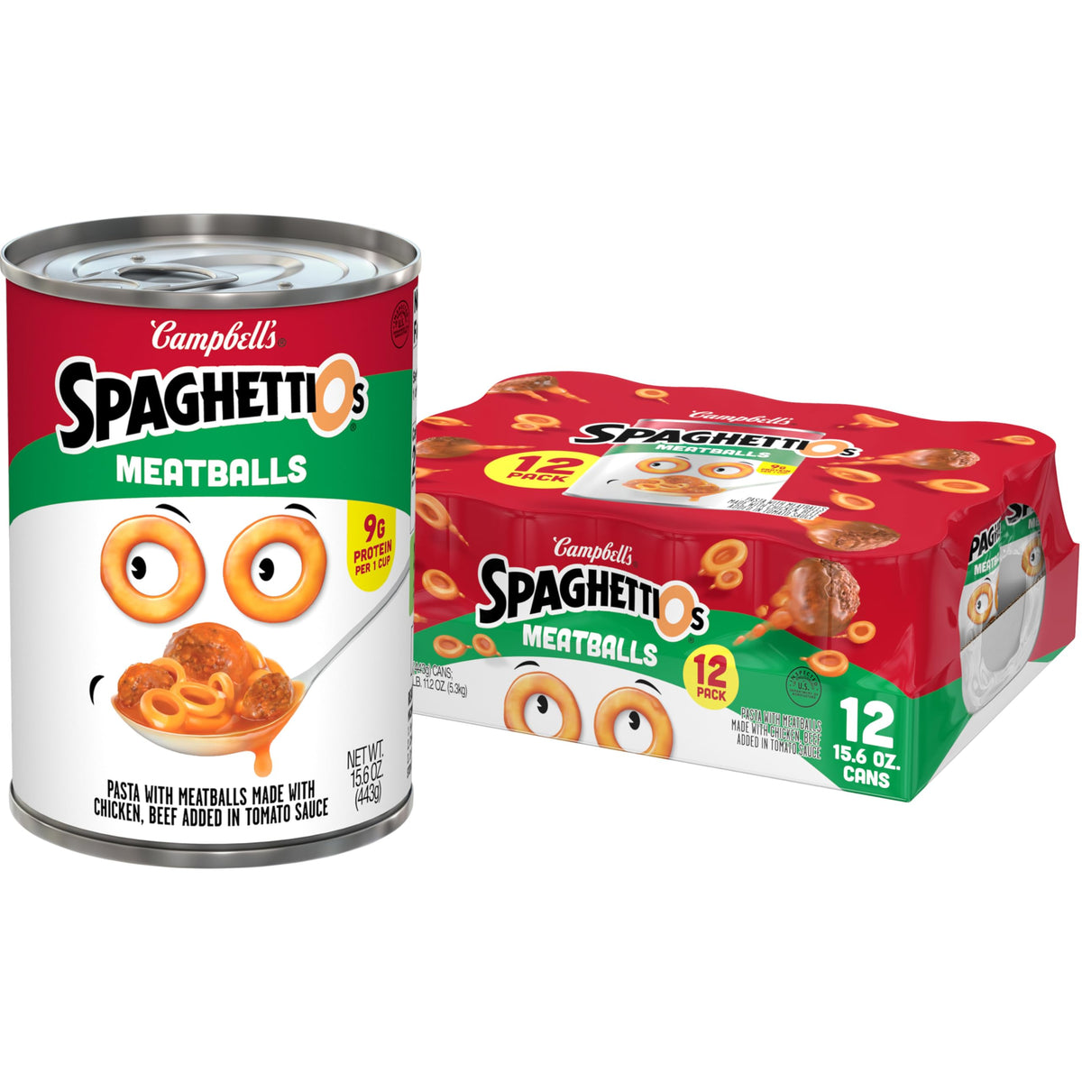 SpaghettiOs canned pasta with meatballs in a multi-pack, convenient for quick family meals.