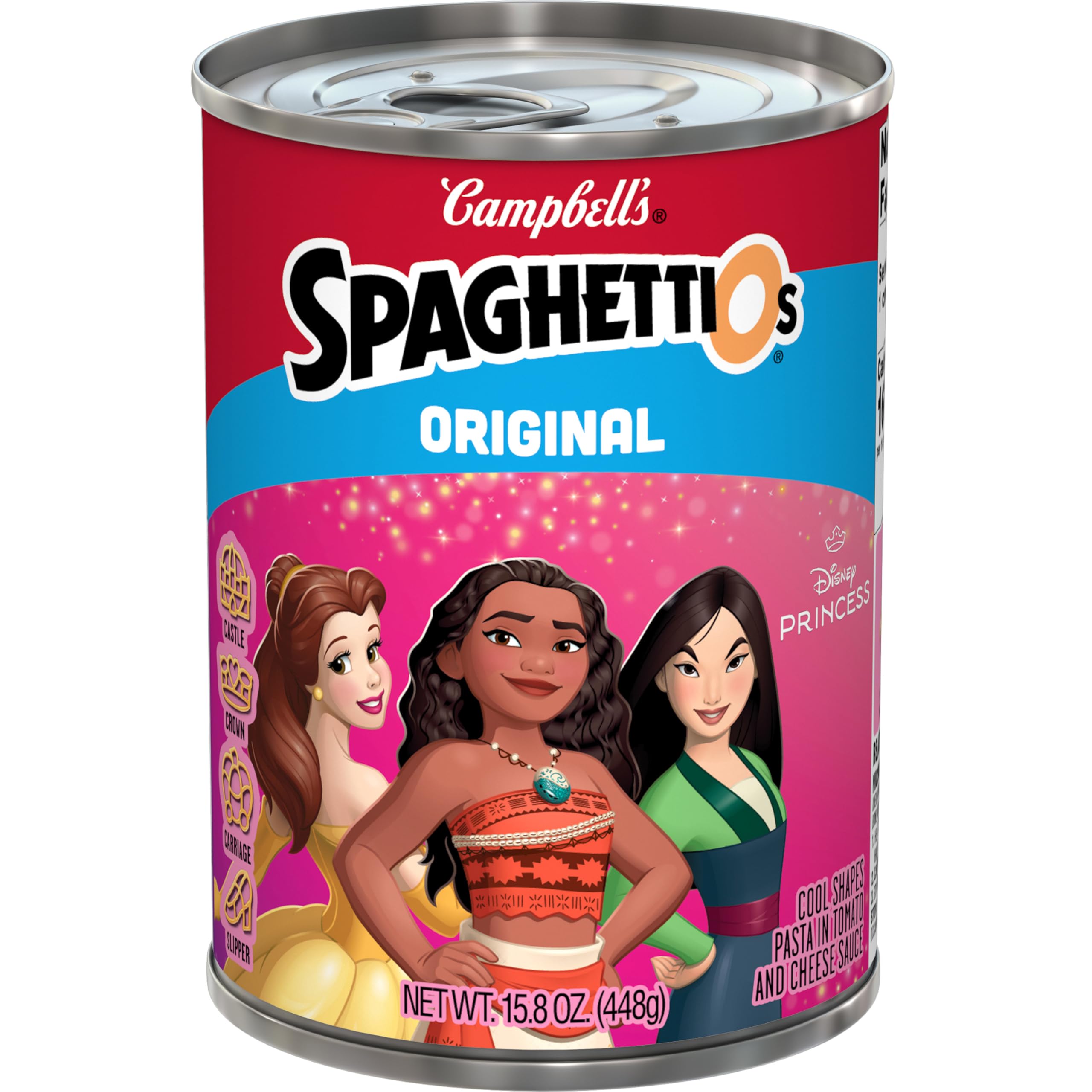 SpaghettiOs Disney Princess shapes can, ready to heat for quick kid-friendly meals.