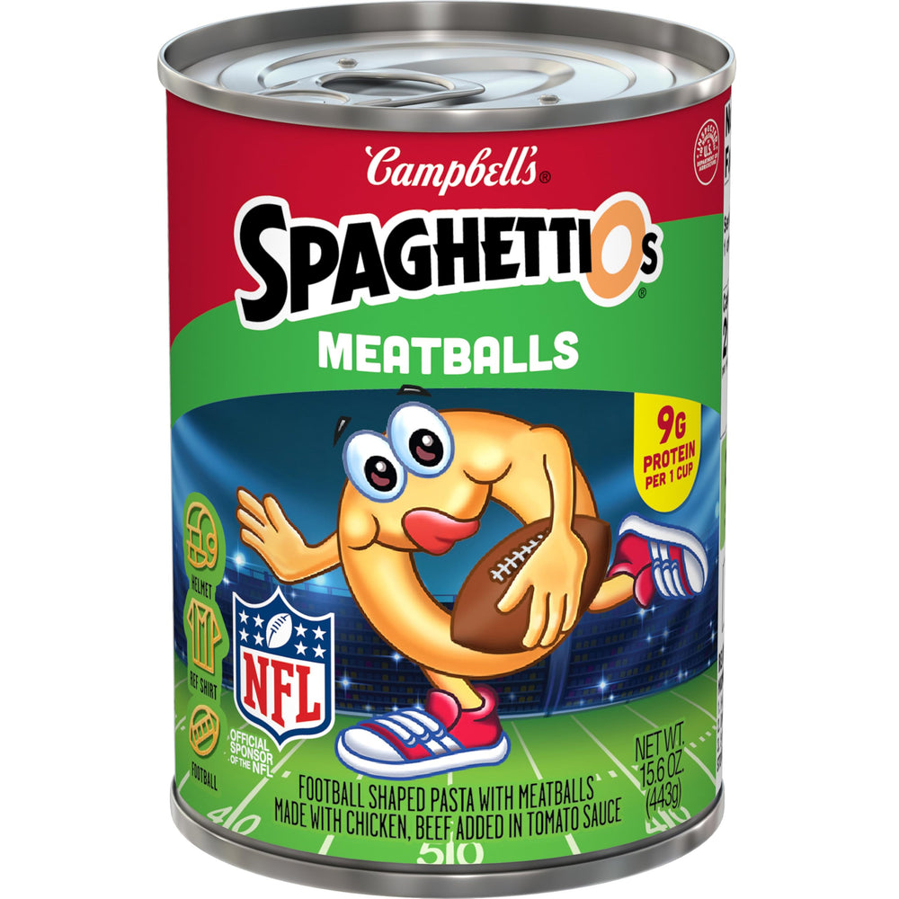 SpaghettiOs football-shaped pasta with meatballs in a can for a fun lunch option