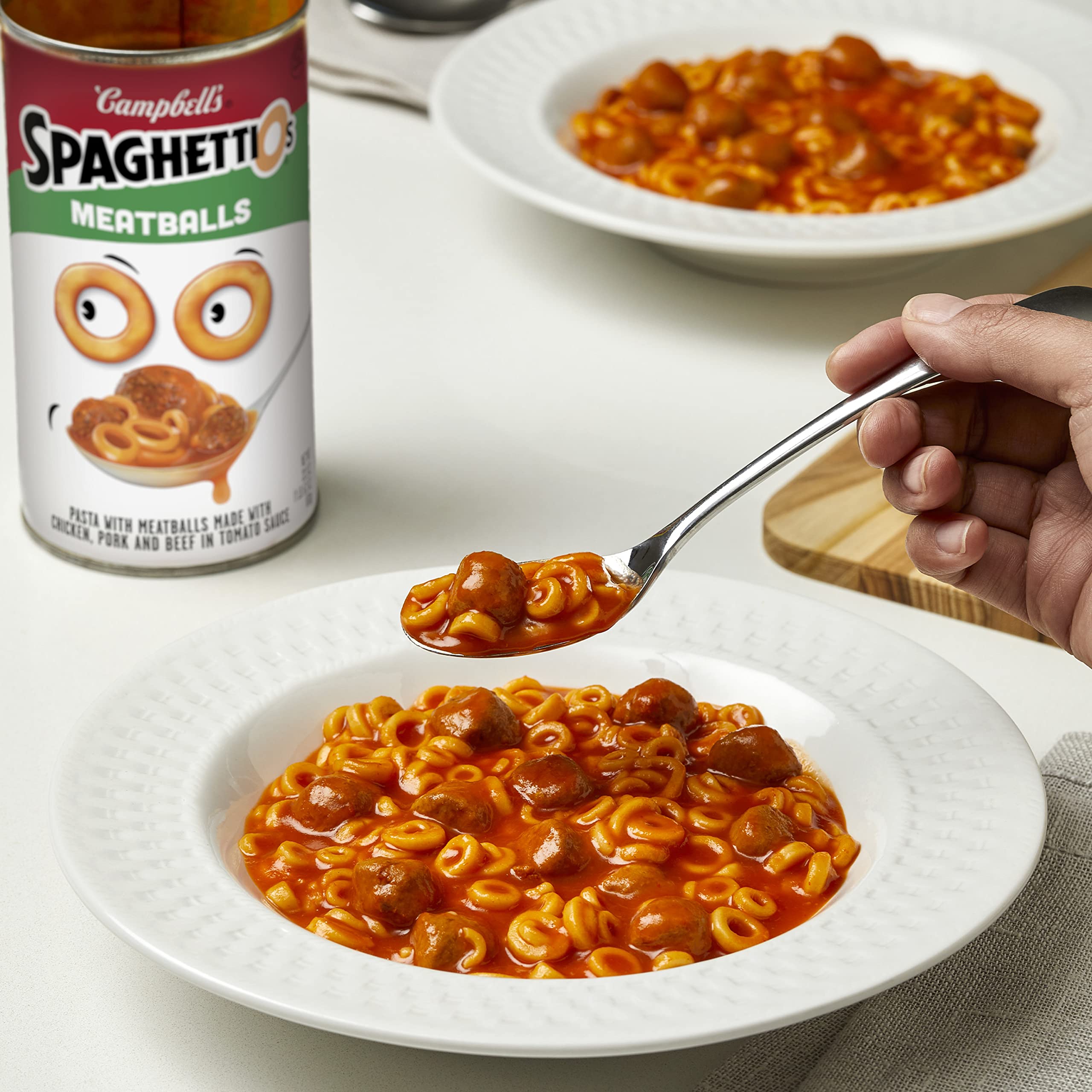SpaghettiOs with Meatballs on a spoonful of sauce creates comforting nostalgia