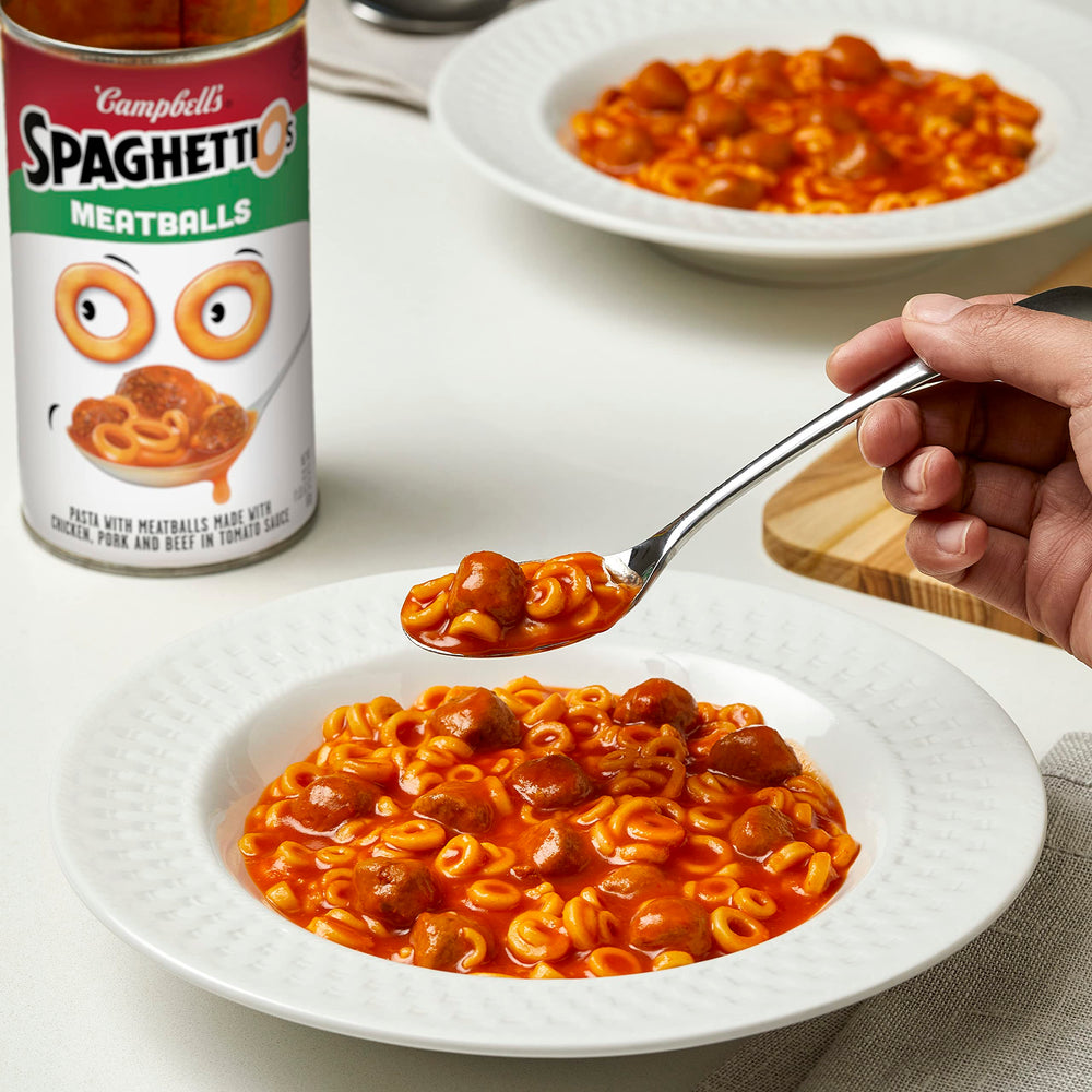 SpaghettiOs with Meatballs on a spoonful of sauce creates comforting nostalgia