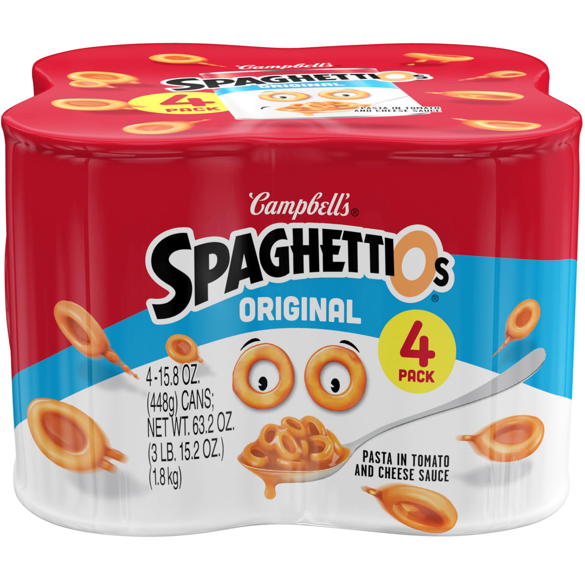 SpaghettiOs original four-pack cans ready for quick family meals.