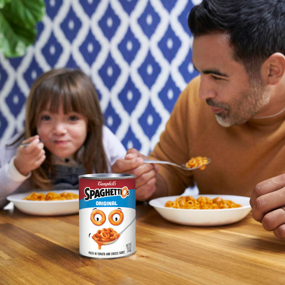 SpaghettiOs original sauce close-up featuring tomato and cheese.