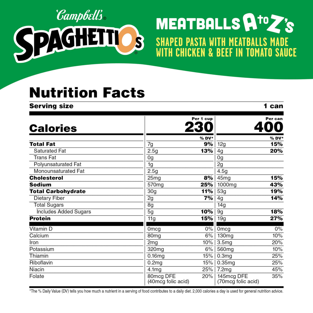 Cans of SpaghettiOs A to Z's showcasing pack of 12 for family meals.