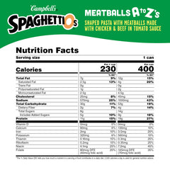 Cans of SpaghettiOs A to Z's showcasing pack of 12 for family meals.