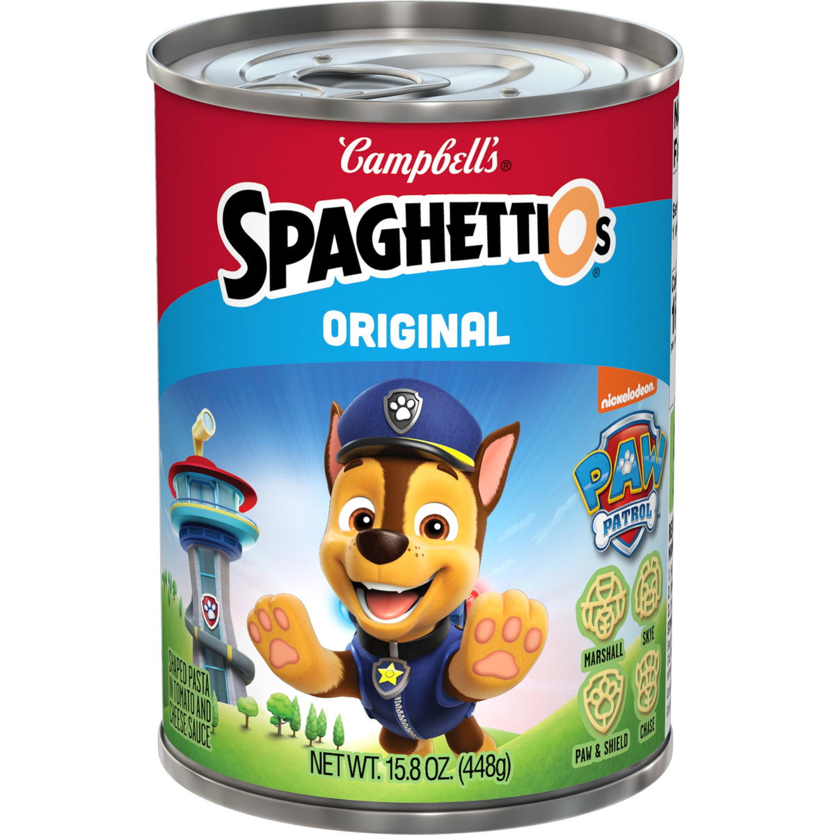 SpaghettiOs Paw Patrol Chase shapes pasta in tomato cheese sauce for kid-friendly lunches
