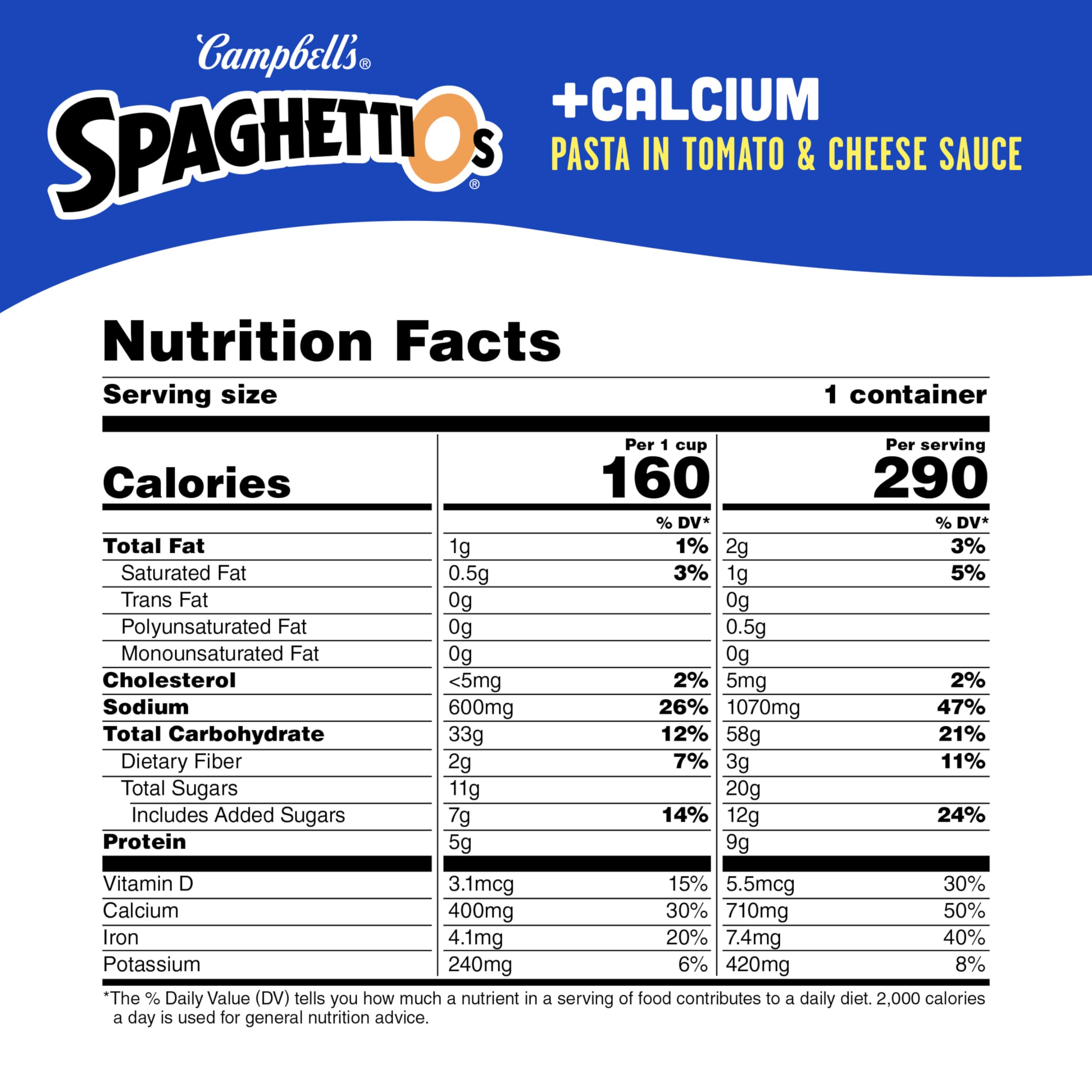 SpaghettiOs Plus Calcium can label highlights nutrition and quick meal ideas