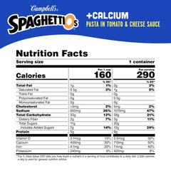 SpaghettiOs Plus Calcium can label highlights nutrition and quick meal ideas
