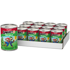 SpaghettiOs Super Mario Bros can with meatballs for quick family meals.