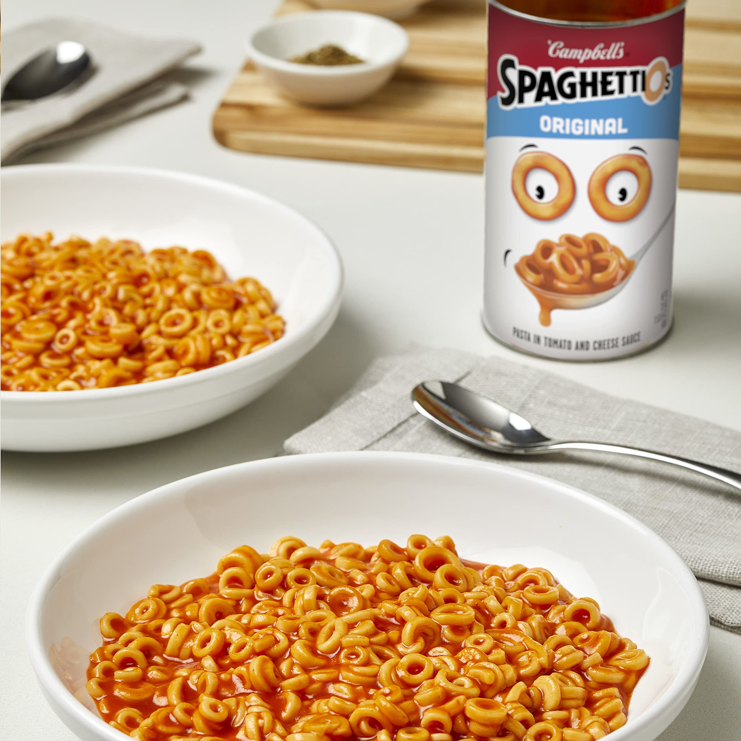 SpaghettiOs tomato cheese sauce swirl, ready to serve.