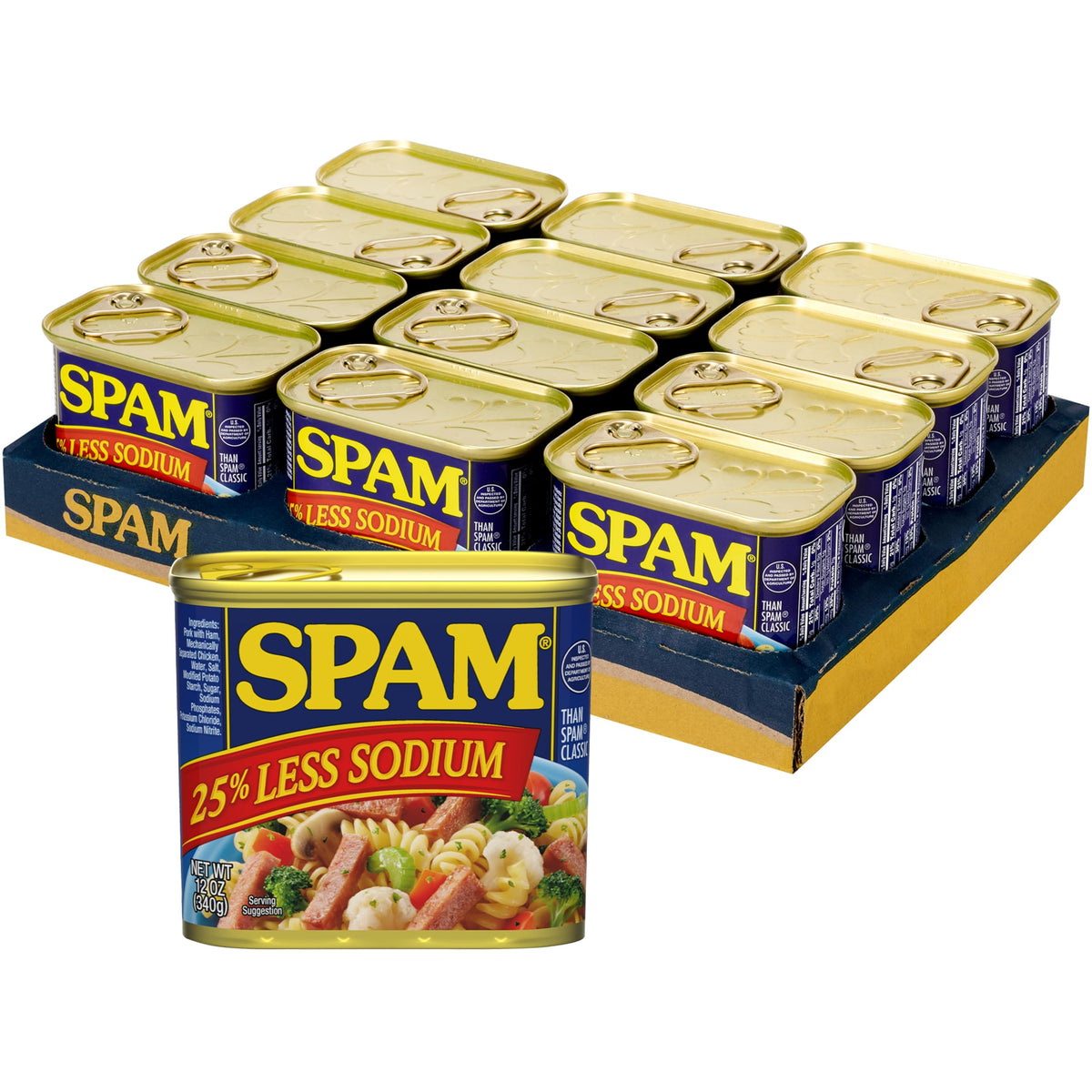 SPAM 25 percent less sodium cans on shelf for easy pantry meals