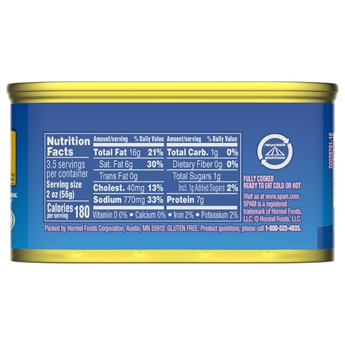 SPAM Classic 7oz can close-up with label highlights gluten-free option.