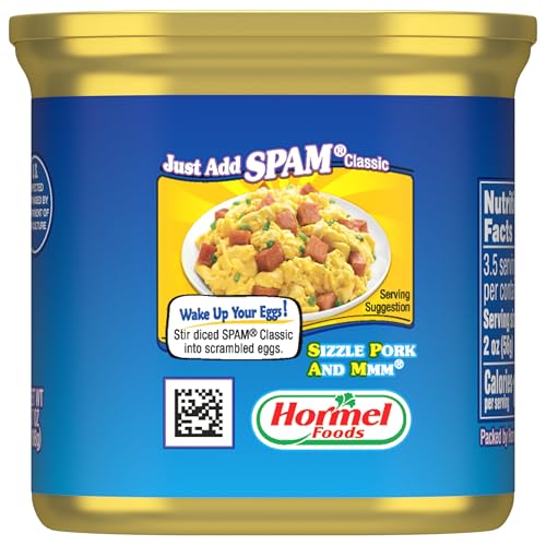 SPAM Classic open can with slices ready to heat for meals.
