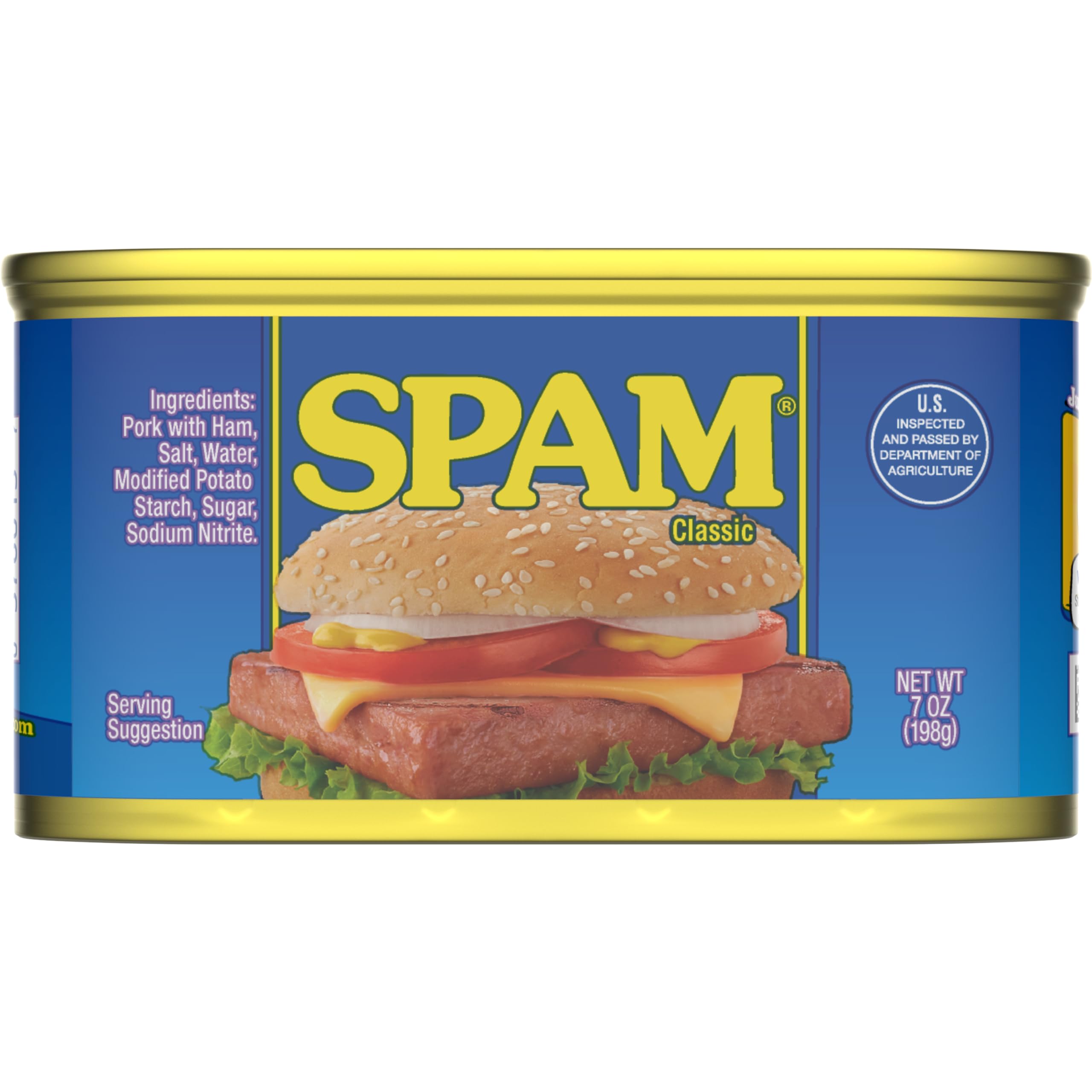 SPAM Classic twelve-pack can front demonstrates shelf-stable pantry convenience.