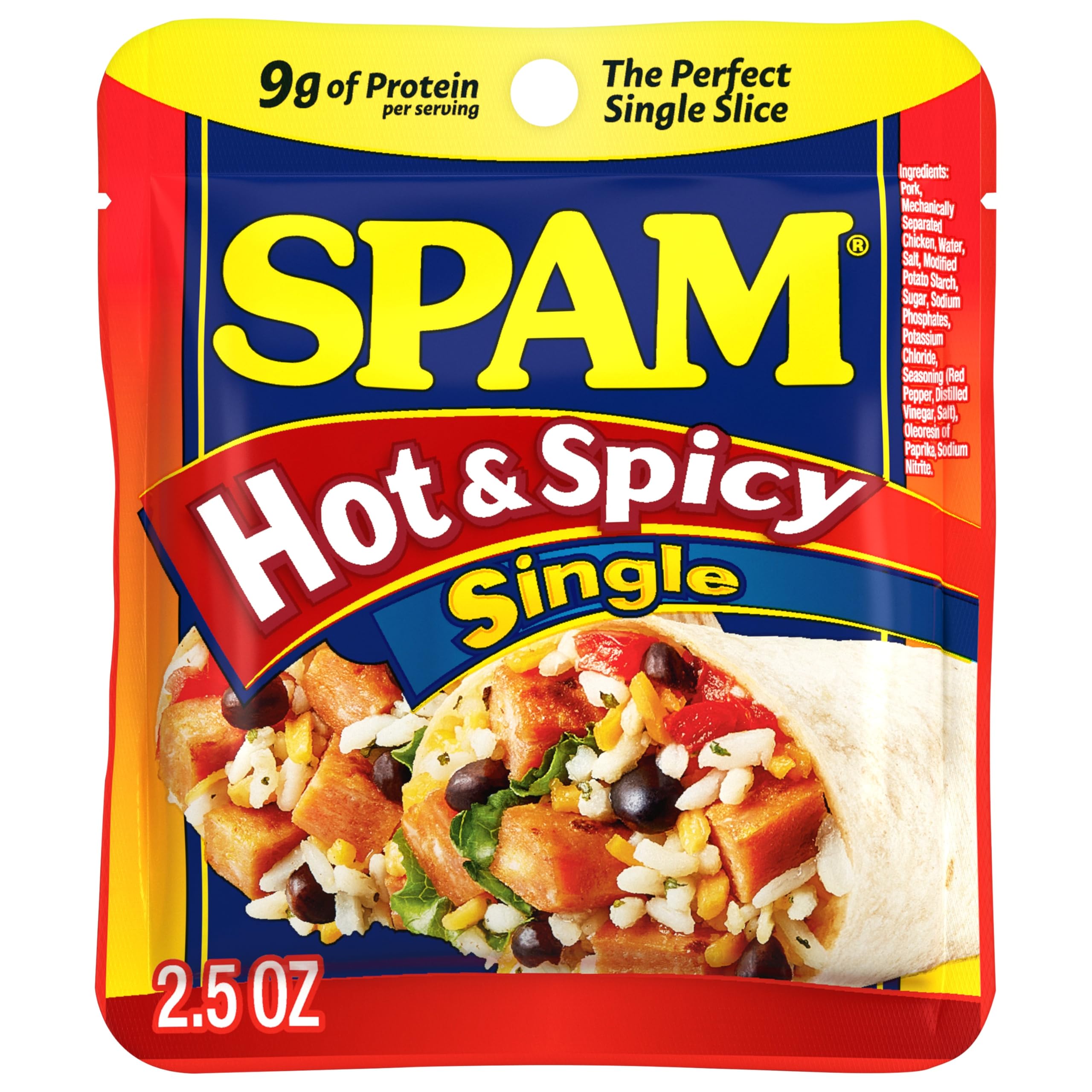 SPAM Hot & Spicy single 2.5oz pouch, unwrapped, convenient ready-to-eat protein for quick meals.