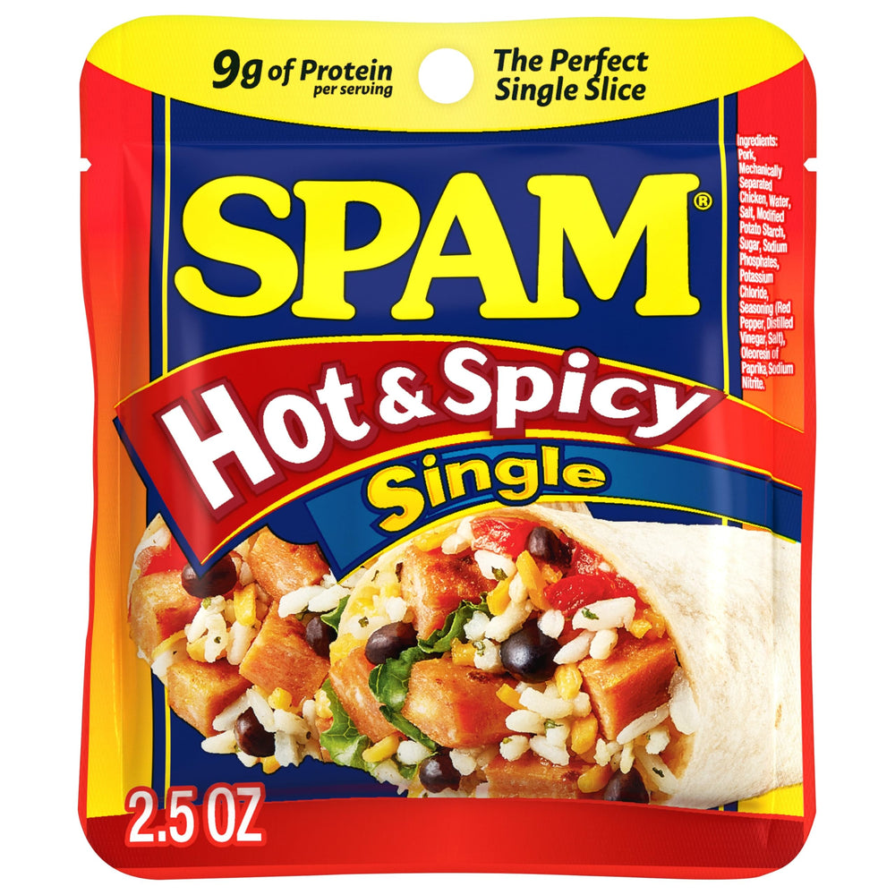 SPAM Hot & Spicy single 2.5oz pouch, unwrapped, convenient ready-to-eat protein for quick meals.