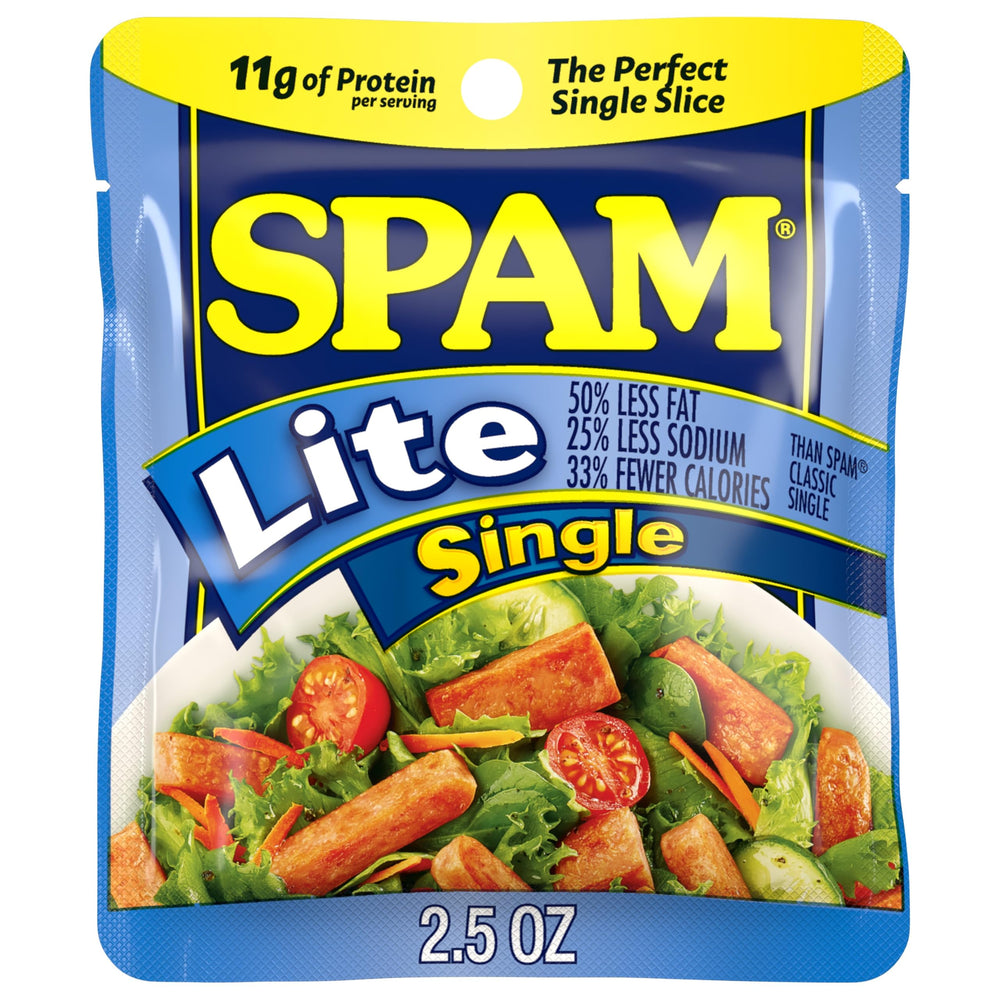 SPAM Lite Singles pack front view for quick meals and pantry staple