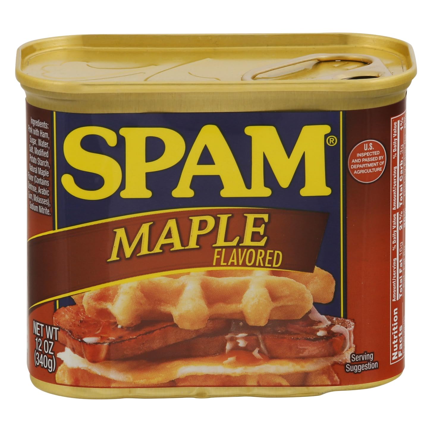 SPAM Maple can front view, ideal for quick breakfasts and meals.