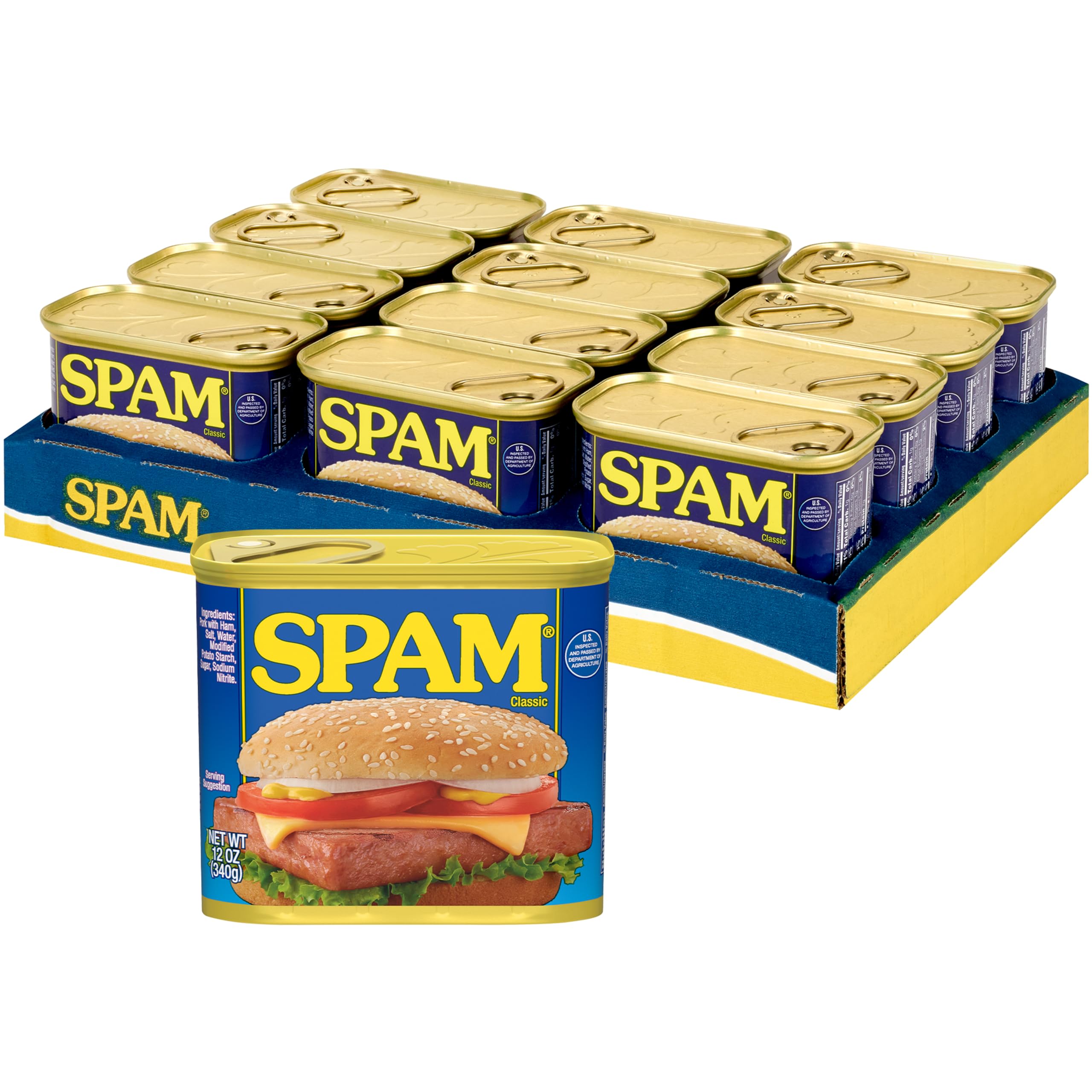 SPAM Classic can top view, pantry staple for quick meals.