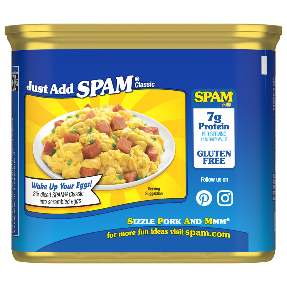 SPAM Classic on pantry shelf suggests easy meal planning and prep.