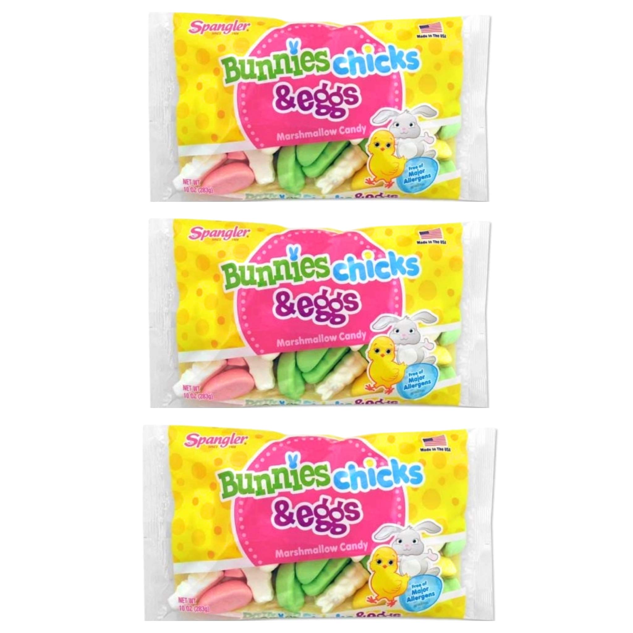 Spangler bunnies and chicks marshmallows in colorful packaging, perfect for Easter baskets.