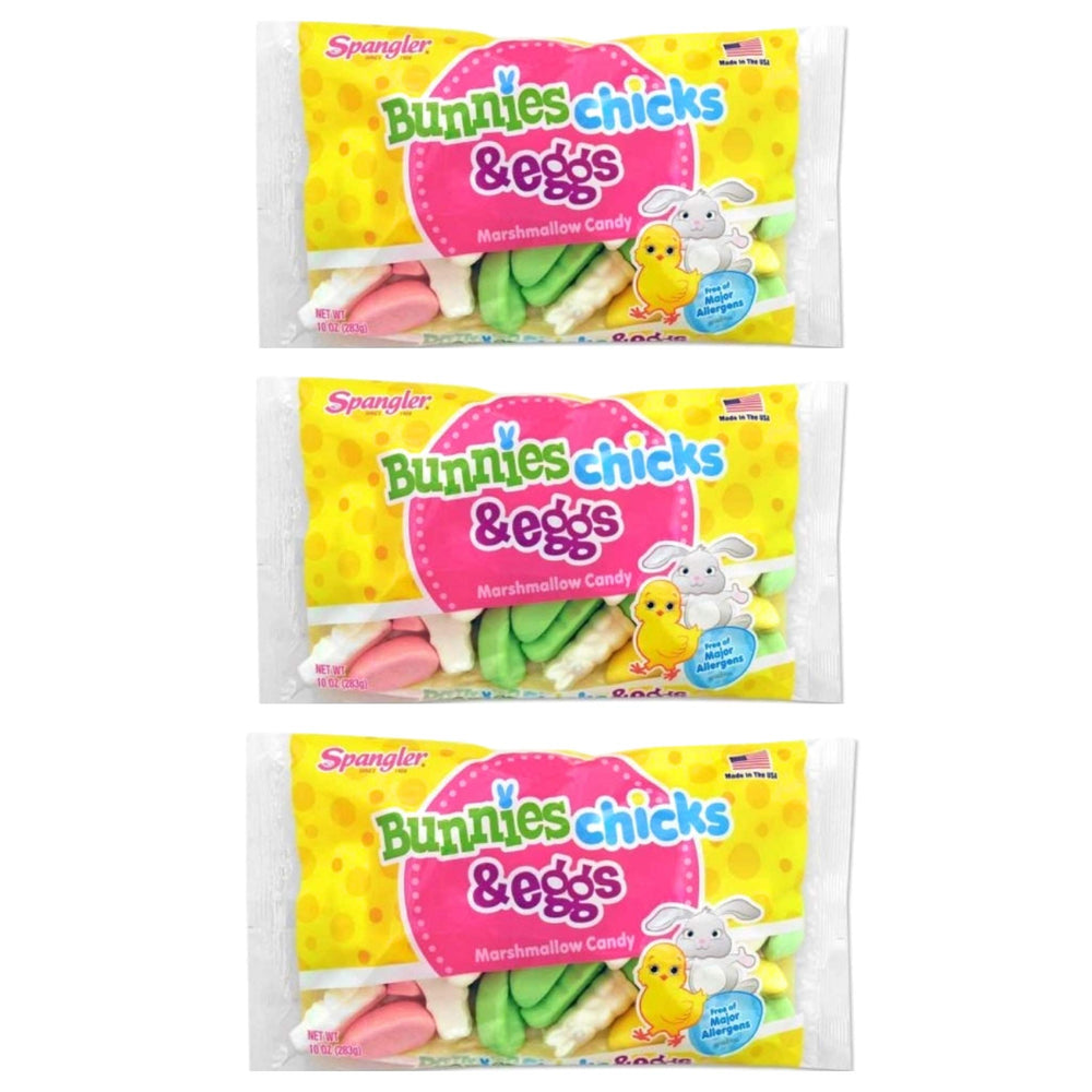 Spangler bunnies and chicks marshmallows in colorful packaging, perfect for Easter baskets.
