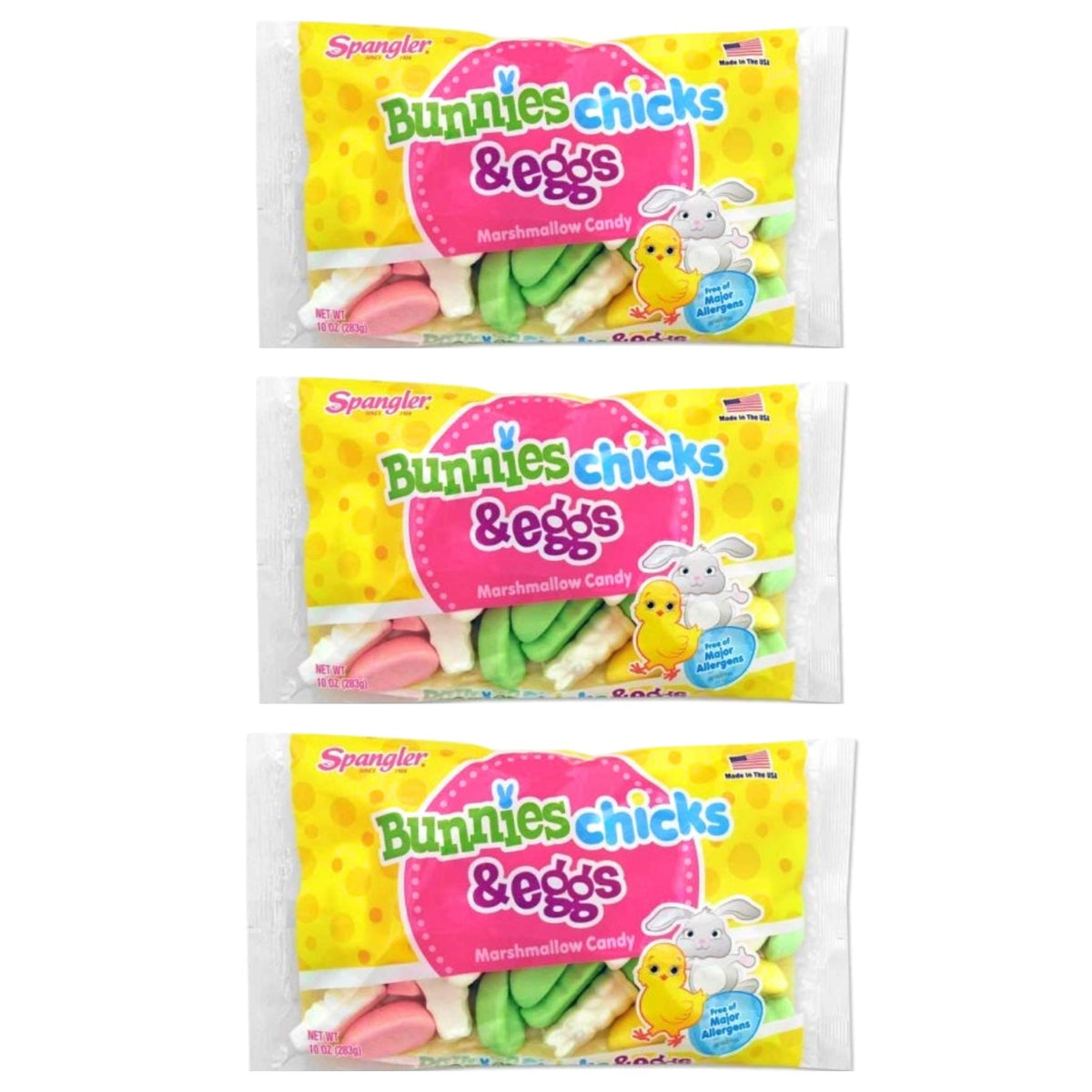 Spangler bunnies and chicks marshmallows in colorful packaging, perfect for Easter baskets.