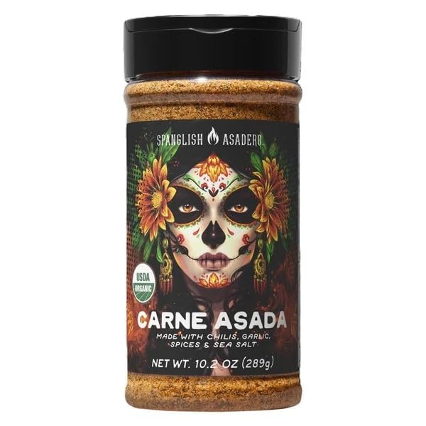 Spanglish Asadero seasoning-dispense close-up demonstrates versatile use on veggies and seafood.