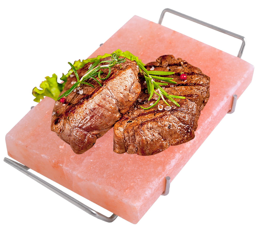 Spantik Himalayan salt block plate for grilling and elegant serving.
