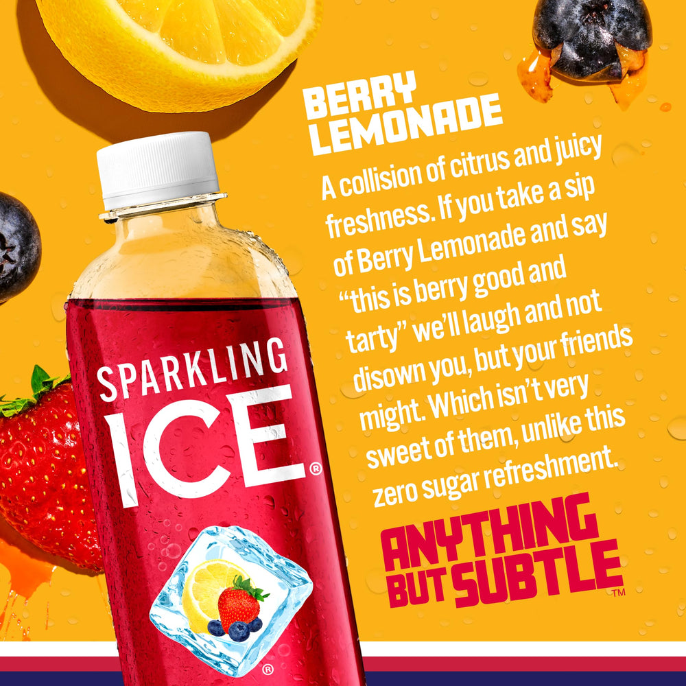Pack of 12 Sparkling Ice Berry Lemonade bottles for easy party refreshment
