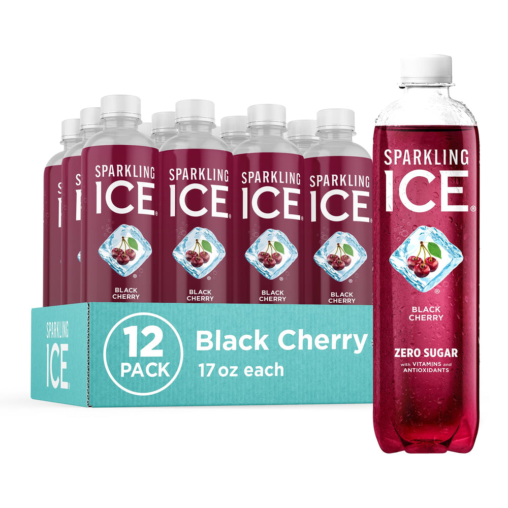 Sparkling Ice Black Cherry bottle shows zero sugar and five calories per serving.