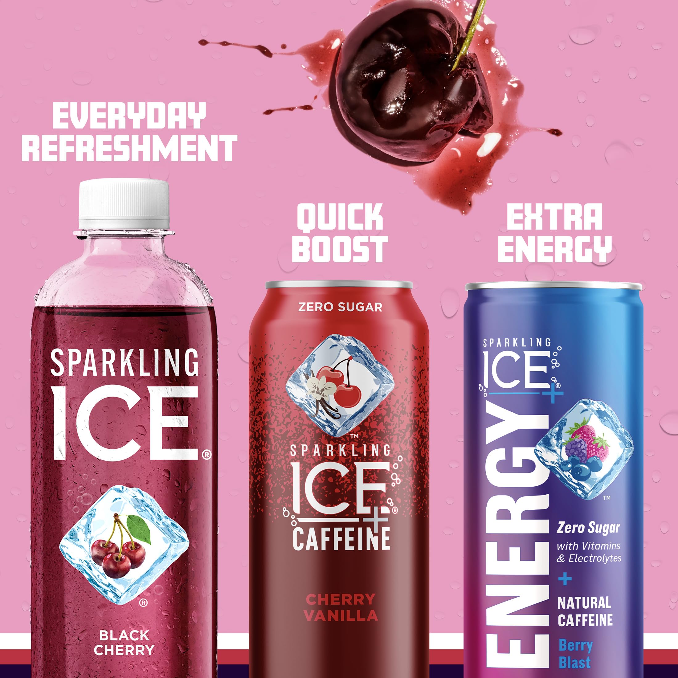 Sparkling Ice Black Cherry serving idea suggests mocktails or low-calorie refreshment.