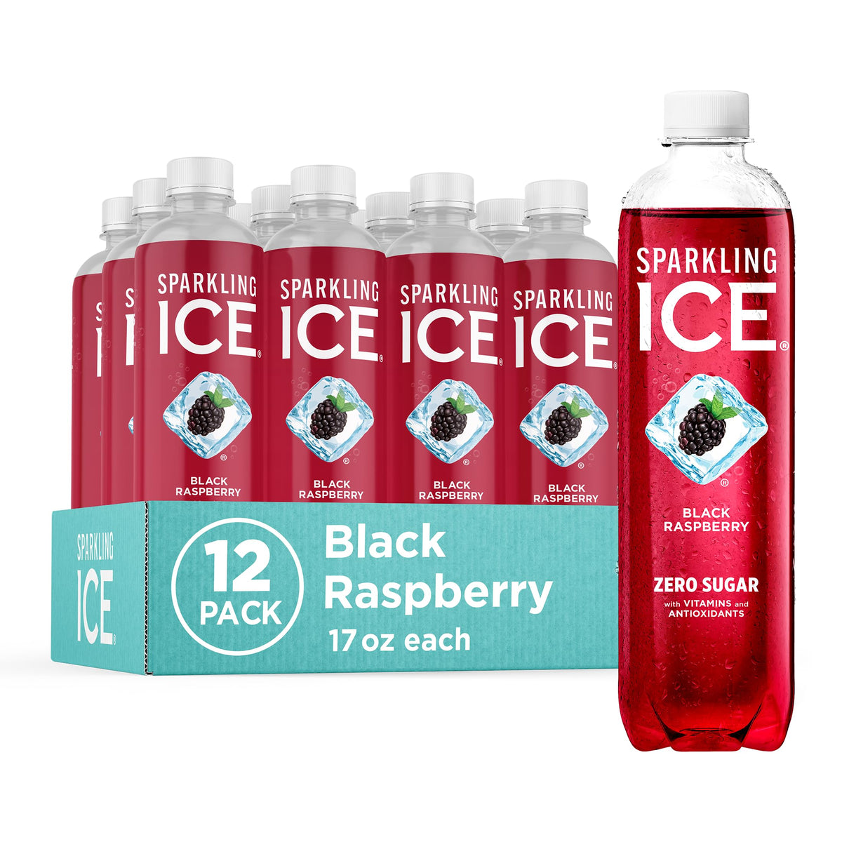 Sparkling Ice Black Raspberry bottle highlighting zero sugar and flavor