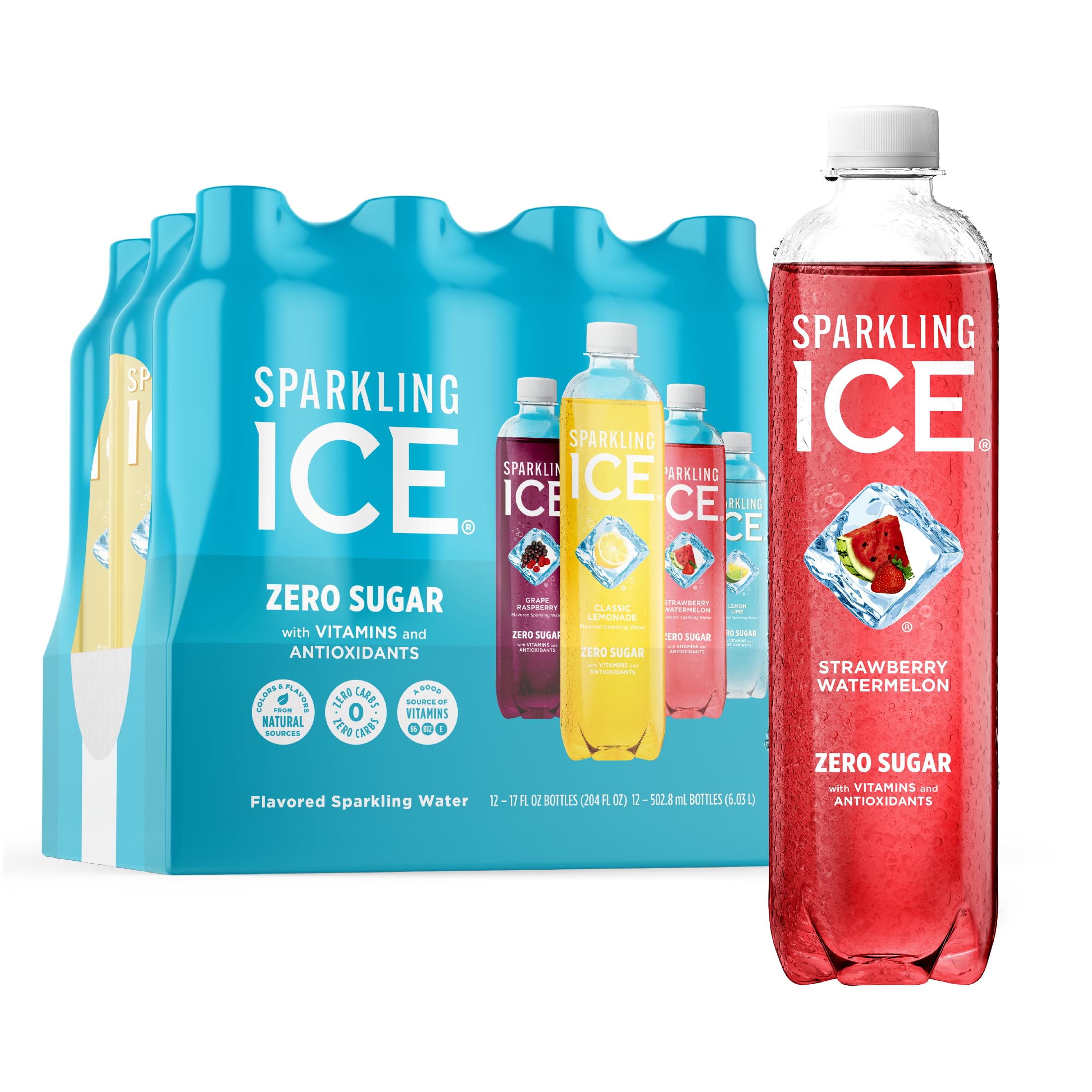 Sparkling Ice Blue Variety Pack bottle front shows vibrant flavor options and brand identity