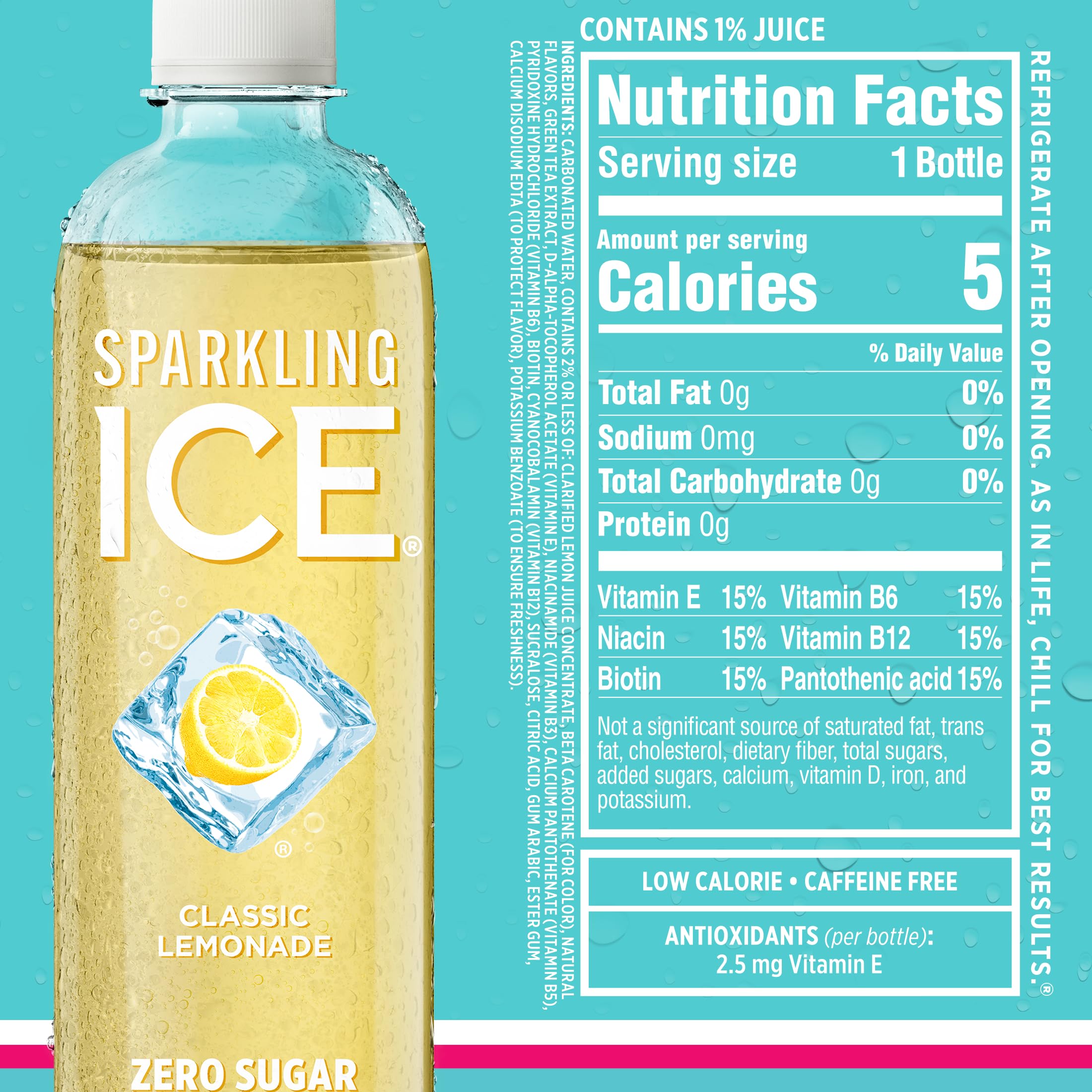Sparkling Ice Blue Classic Lemonade bottle highlights bright citrus flavor with zero sugar