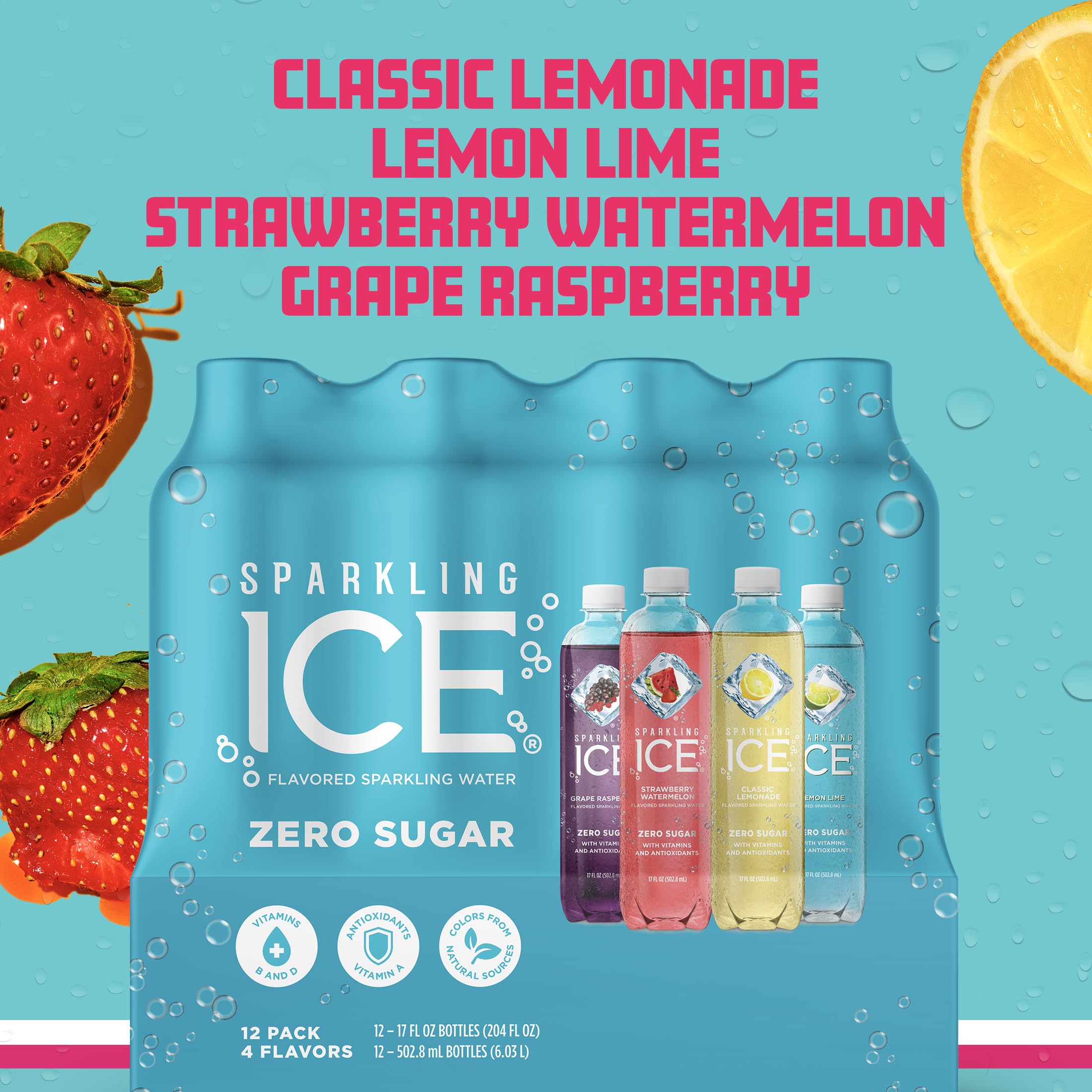 Sparkling Ice Blue Grape Raspberry bottle emphasizes flavor variety with zero sugar